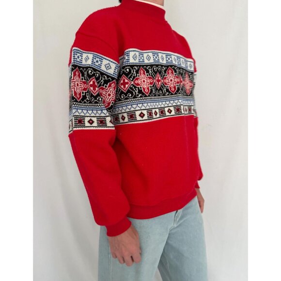 90s vintage red nordic aztec print unisex mens cozy fleece knit pullover sweater - Picture 6 of 10